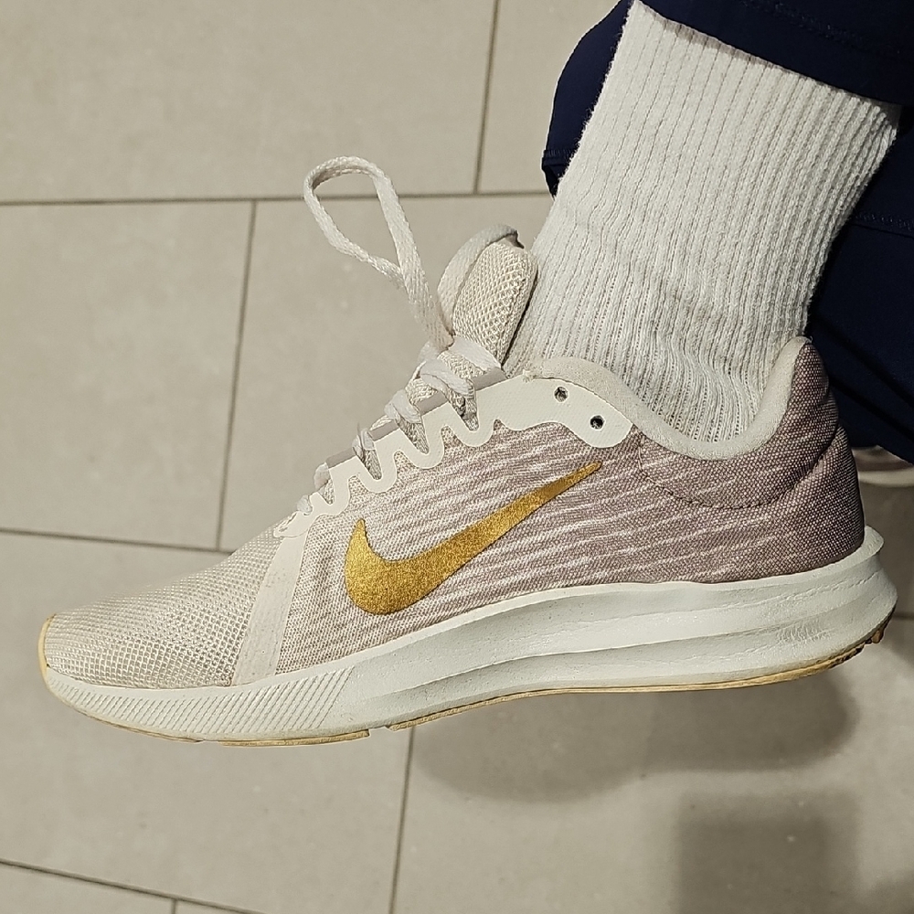 Nike Women's Downshifter 8 Gold and White Athletic Shoes. Nice.
